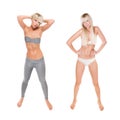 Two full length portraits of a sportive blonde woman wearing gym wear and swimwear Royalty Free Stock Photo