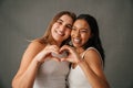 Two fun-loving girlfriends making a heart sign with there hands