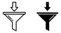 Two funnel icons, one outline and one solid, with arrows pointing down, isolated on transparent background Royalty Free Stock Photo