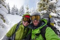 Two funnny hikers posing at camera in winter mountains