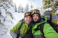 Two funnny hikers posing at camera in winter mountains