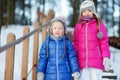 Two funny adorable little sisters having fun together in winter park Royalty Free Stock Photo