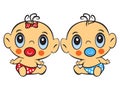 Two Funny baby sitting. Cute baby boy and girl sitting in a diaper isolated