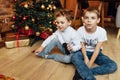 Two funny boys play together. Cute happy brothers smiling and having fun Royalty Free Stock Photo
