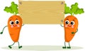 Two funny carrots holding a empty wooden signboard