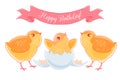 Two funny cartoon chick congratulations newborn yellow chicken.