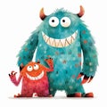 Two funny cartoon friendly monsters with smile on faces, isolated on white background. Generative AI Royalty Free Stock Photo