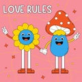 Two funny cartoon in love character with funny faces. Groovy element funky flower power and mushroos. Vector