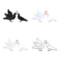 Two funny cartoon pigeons illustration. White doves with a heart. A symbol of love for the bride and groom.Wedding