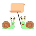 Two funny cartoon snails with a big blank paper Royalty Free Stock Photo