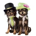 Two funny chihuahua dogs dressed smartly. Watercolor drawing