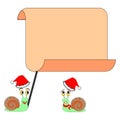 Two funny Christmas cartoon snails with a big blan Royalty Free Stock Photo