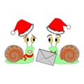 Two funny Christmas cartoon snails with a letter Royalty Free Stock Photo