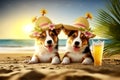Two funny corgi dogs wearing flower hats relaxing at the beach, generative AI Royalty Free Stock Photo