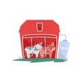 Two funny cows in red wooden barn. Automatic milking. Milk production. Dairy farm. Flat vector design Royalty Free Stock Photo