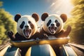 two funny crazy scared smiling panda bears. ai generative