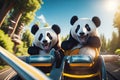 two funny crazy scared smiling panda bears. ai generative