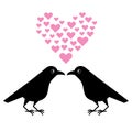 Two funny crows, a gentleman seduces a lady, cartoon Valentine. Cute raven illustration