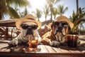Two funny dogs wearing sun hats relax with a cold glass of beer on a tropical beach, generative ai