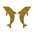 Two funny dolphins with colorful patterns on white background