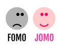Two funny emojis showing the difference between FOMO and JOMO. JOMO means Joy Of Missing Out. FOMO means Fear Of Missing Out.