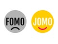 Two funny emojis showing the difference between FOMO and JOMO. JOMO means Joy Of Missing Out. FOMO means Fear Of Missing Out.