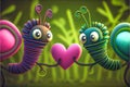 Two funny fabulous cute fantastic caterpillars or ants and a red heart, a cute valentine relationship and love