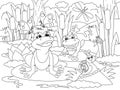 Two funny frogs in the swamp. Nature forest, insects. Animals cartoon. Coloring page outline of cartoon. Royalty Free Stock Photo