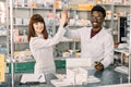 Two funny happy colleages pharmacists, African man and Caucasian woman working in drugstore, smiling. giving five and