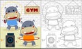 Two of funny hippo cartoon exercising in gym, coloring book or page