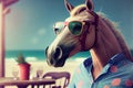 Handsome horse at the beach ocean view. Funny Summer vacation, holidays concept. Generative AI. Royalty Free Stock Photo