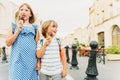 Little boy and girl eating chocolate ice cream Royalty Free Stock Photo