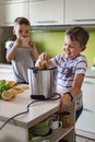 Two funny little brothers cooking and eating together fresh frying bread use toaster at kitchen Royalty Free Stock Photo