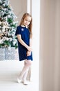 Girl in blue on background of Christmas tree