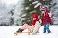 Two funny little girls having fun with a sleight in beautiful winter park. Cute children playing in a snow. Royalty Free Stock Photo