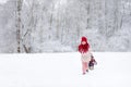 Two funny little girls having fun with a sleight in beautiful winter park. Cute children playing in a snow. Royalty Free Stock Photo