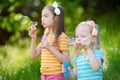 Two funny little sisters blowing soap bubbles outdoors Royalty Free Stock Photo