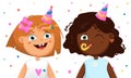 Two Funny Little smiling girls cartoon characters Illustration.happy cute children in a Birthday party.Vector Royalty Free Stock Photo