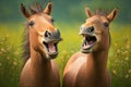 two funny merry brown laughing horses in meadow Royalty Free Stock Photo