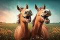 two funny merry brown laughing horses in meadow Royalty Free Stock Photo