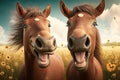 two funny merry brown laughing horses in meadow Royalty Free Stock Photo