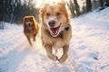 Two funny puppies running side by side along a snowy path against the backdrop of a winter landscape Royalty Free Stock Photo