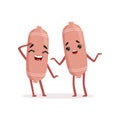 Two funny sausage characters having fun together. Meat friends isolated on white. Flat vector illustration design for
