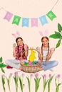 Two funny sisters playing Easter game knocking eggs sit floor decorated holiday atmosphere flags flowers basket collage Royalty Free Stock Photo