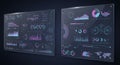 Two futuristic digital screens display an array of data visualizations, including line Royalty Free Stock Photo