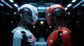 Two futuristic humanoid robots, one white and one red, face each other in tense standoff