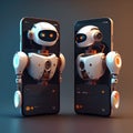 Two futuristic robots with AI in screen of smartphones. Concept of communication, chatbot with artificial intelligence, auto reply