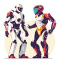 Two futuristic robots with humanoid features discussing or interacting, one in white and grey, the other in white
