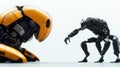 Two futuristic robots interacting in a curious standoff in a minimalist setting