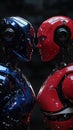 Two futuristic robots, one blue and one red, face each other in tense standoff